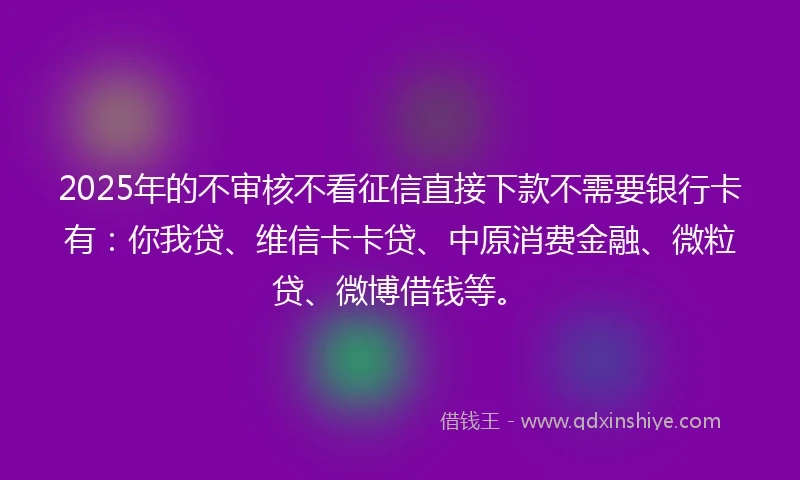 2025年的不审核不看征信直接下款不需要银行卡有：你我贷、维信卡卡贷、中原消费金融、微粒贷、微博借钱等。