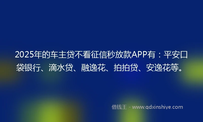 2025年的车主贷不看征信秒放款APP有：平安口袋银行、滴水贷、融逸花、拍拍贷、安逸花等。