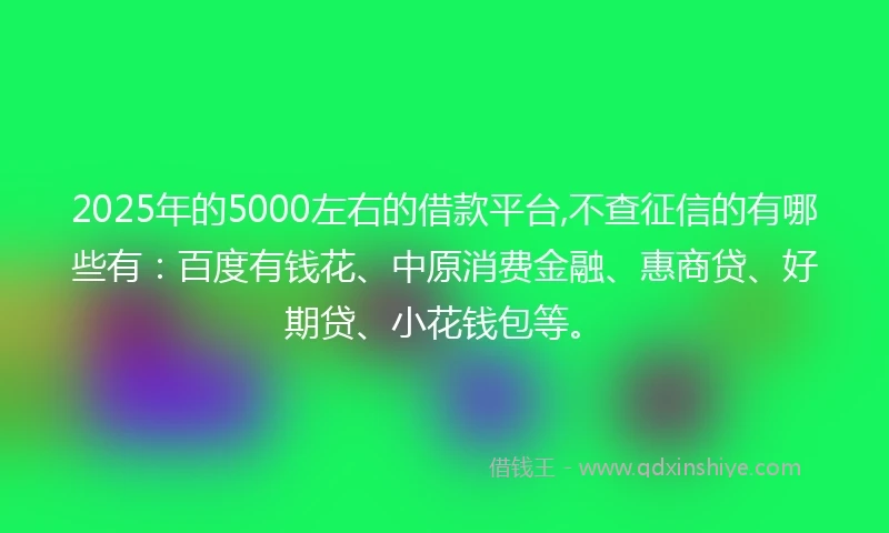 2025年的5000左右的借款平台,不查征信的有哪些有：百度有钱花、中原消费金融、惠商贷、好期贷、小花钱包等。
