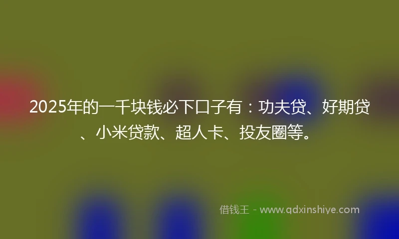 2025年的一千块钱必下口子有：功夫贷、好期贷、小米贷款、超人卡、投友圈等。