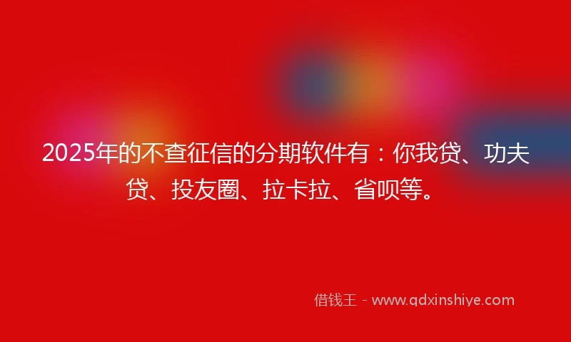 2025年的不查征信的分期软件有：你我贷、功夫贷、投友圈、拉卡拉、省呗等。