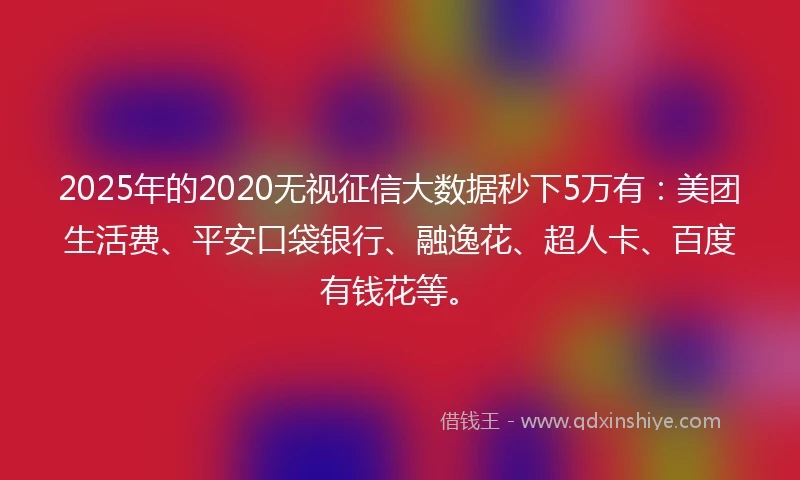 2025年的2020无视征信大数据秒下5万有：美团生活费、平安口袋银行、融逸花、超人卡、百度有钱花等。
