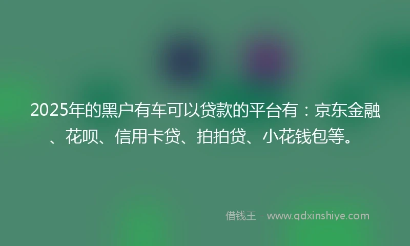2025年的黑户有车可以贷款的平台有：京东金融、花呗、信用卡贷、拍拍贷、小花钱包等。