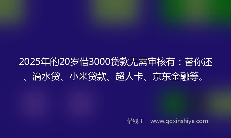 2025年的20岁借3000贷款无需审核有：替你还、滴水贷、小米贷款、超人卡、京东金融等。
