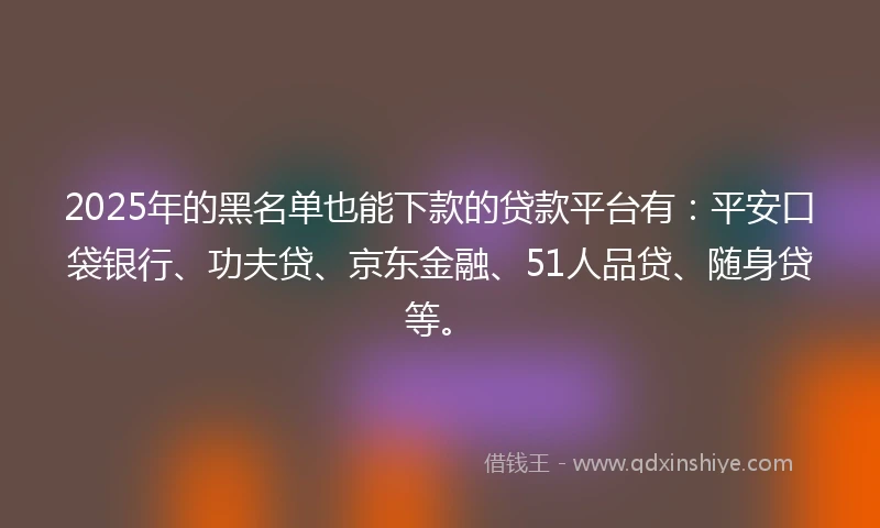 2025年的黑名单也能下款的贷款平台有：平安口袋银行、功夫贷、京东金融、51人品贷、随身贷等。