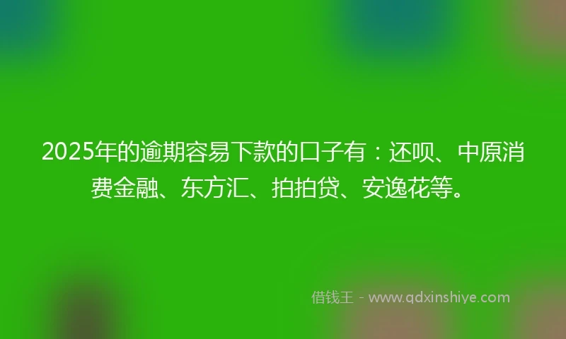2025年的逾期容易下款的口子有：还呗、中原消费金融、东方汇、拍拍贷、安逸花等。