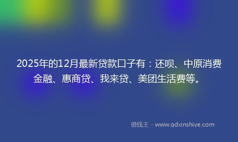 2025年的12月最新贷款口子有：还呗、中原消费金融、惠商贷、我来贷、美团生活费等。