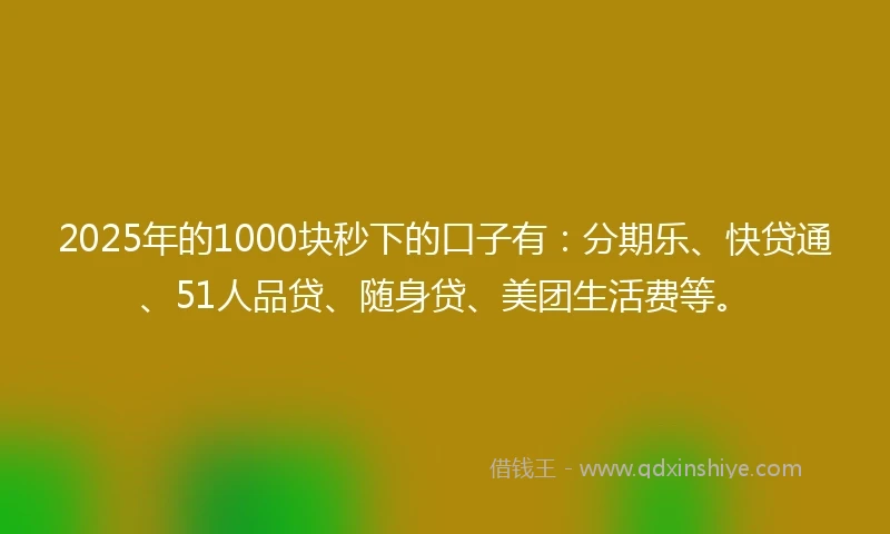 2025年的1000块秒下的口子有：分期乐、快贷通、51人品贷、随身贷、美团生活费等。