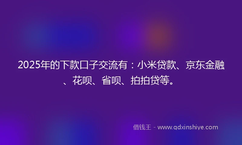 2025年的下款口子交流有：小米贷款、京东金融、花呗、省呗、拍拍贷等。