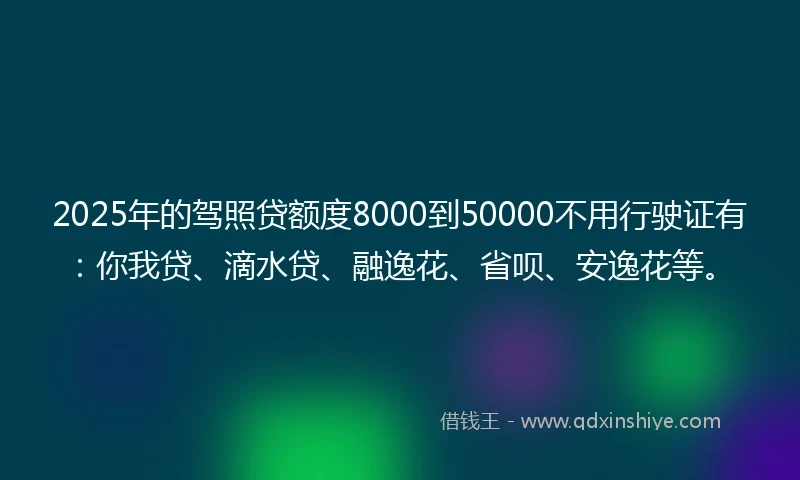 2025年的驾照贷额度8000到50000不用行驶证有：你我贷、滴水贷、融逸花、省呗、安逸花等。