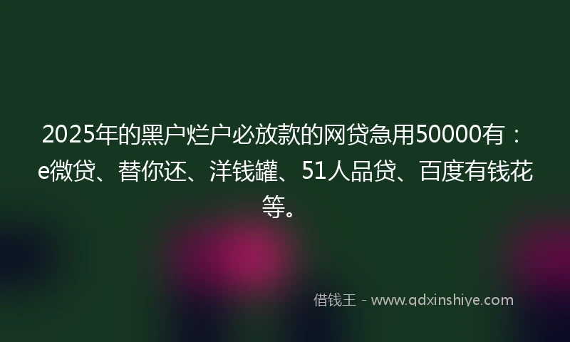 2025年的黑户烂户必放款的网贷急用50000有：e微贷、替你还、洋钱罐、51人品贷、百度有钱花等。