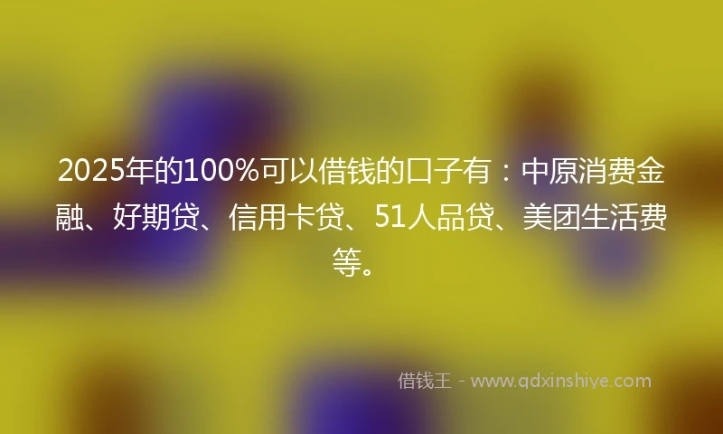 2025年的100%可以借钱的口子有：中原消费金融、好期贷、信用卡贷、51人品贷、美团生活费等。