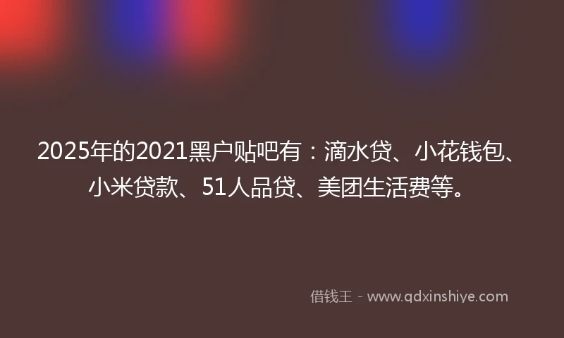 2025年的2021黑户贴吧有：滴水贷、小花钱包、小米贷款、51人品贷、美团生活费等。