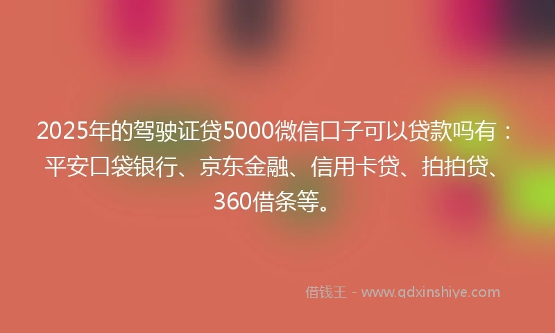 2025年的驾驶证贷5000微信口子可以贷款吗有：平安口袋银行、京东金融、信用卡贷、拍拍贷、360借条等。