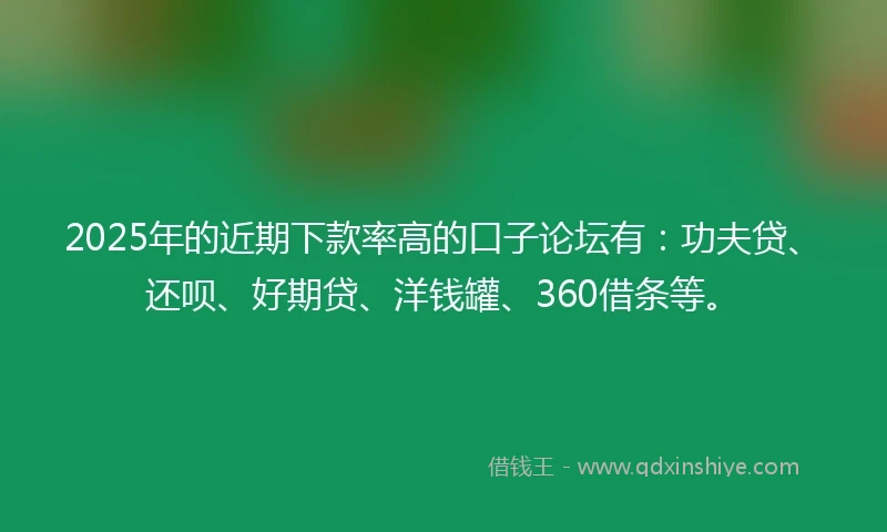 2025年的近期下款率高的口子论坛有：功夫贷、还呗、好期贷、洋钱罐、360借条等。