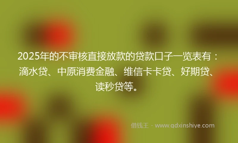 2025年的不审核直接放款的贷款口子一览表有：滴水贷、中原消费金融、维信卡卡贷、好期贷、读秒贷等。