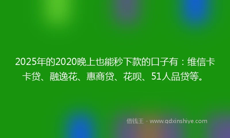 2025年的2020晚上也能秒下款的口子有：维信卡卡贷、融逸花、惠商贷、花呗、51人品贷等。