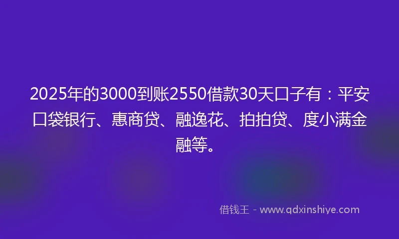 2025年的3000到账2550借款30天口子有：平安口袋银行、惠商贷、融逸花、拍拍贷、度小满金融等。