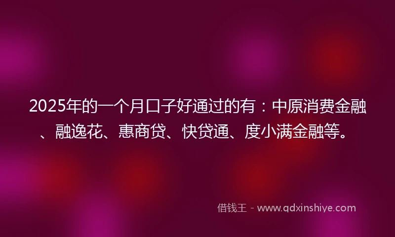 2025年的一个月口子好通过的有：中原消费金融、融逸花、惠商贷、快贷通、度小满金融等。