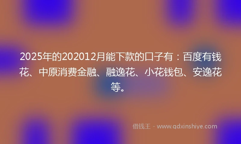 2025年的202012月能下款的口子有：百度有钱花、中原消费金融、融逸花、小花钱包、安逸花等。