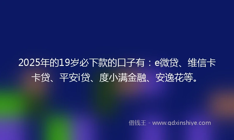 2025年的19岁必下款的口子有：e微贷、维信卡卡贷、平安i贷、度小满金融、安逸花等。