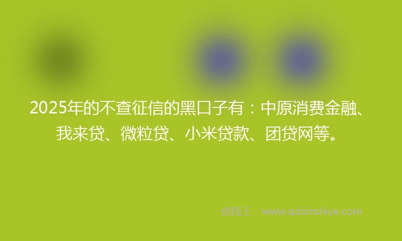 2025年的不查征信的黑口子有：中原消费金融、我来贷、微粒贷、小米贷款、团贷网等。