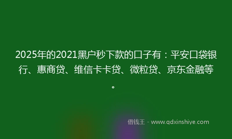 2025年的2021黑户秒下款的口子有：平安口袋银行、惠商贷、维信卡卡贷、微粒贷、京东金融等。