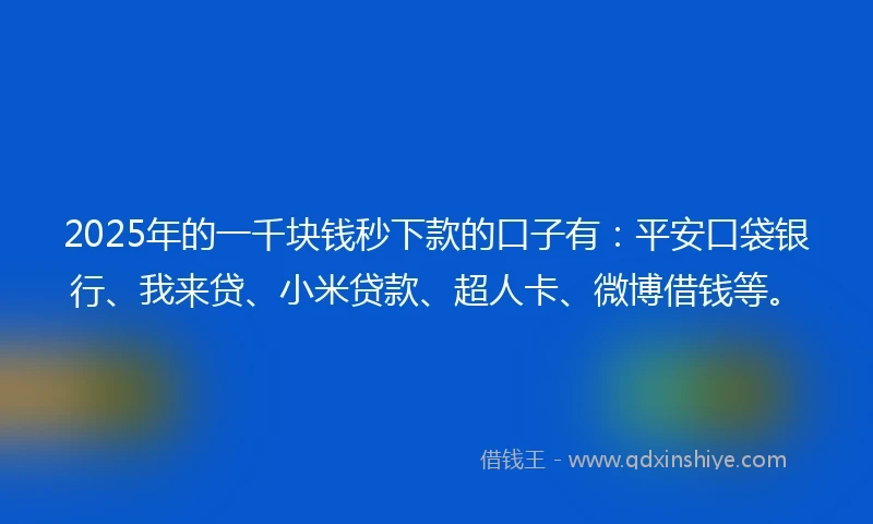 2025年的一千块钱秒下款的口子有：平安口袋银行、我来贷、小米贷款、超人卡、微博借钱等。