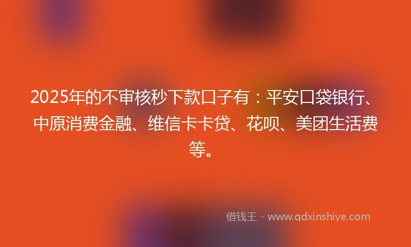 2025年的不审核秒下款口子有：平安口袋银行、中原消费金融、维信卡卡贷、花呗、美团生活费等。