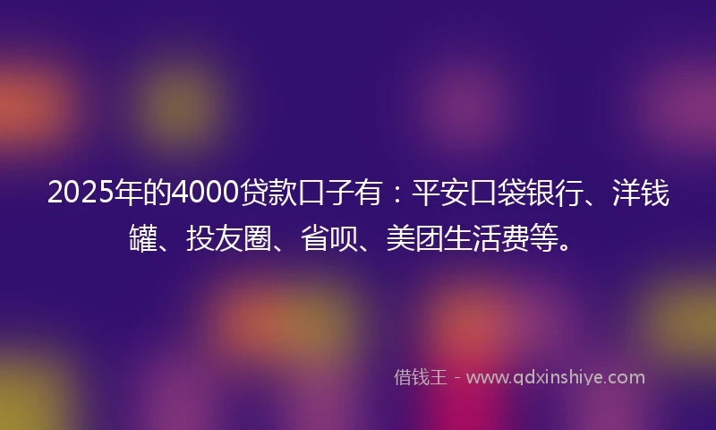 2025年的4000贷款口子有：平安口袋银行、洋钱罐、投友圈、省呗、美团生活费等。