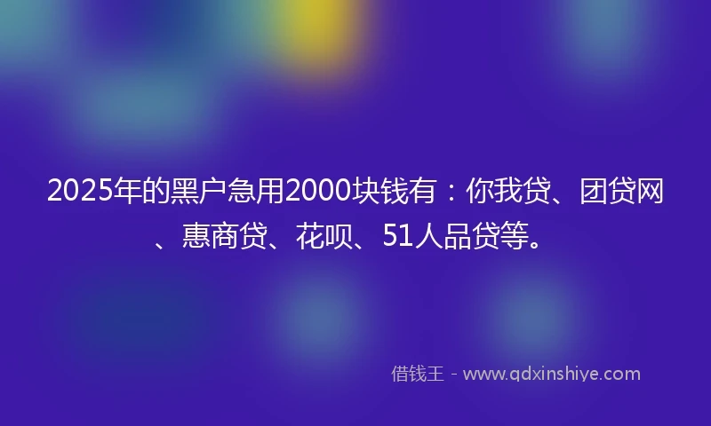 2025年的黑户急用2000块钱有：你我贷、团贷网、惠商贷、花呗、51人品贷等。