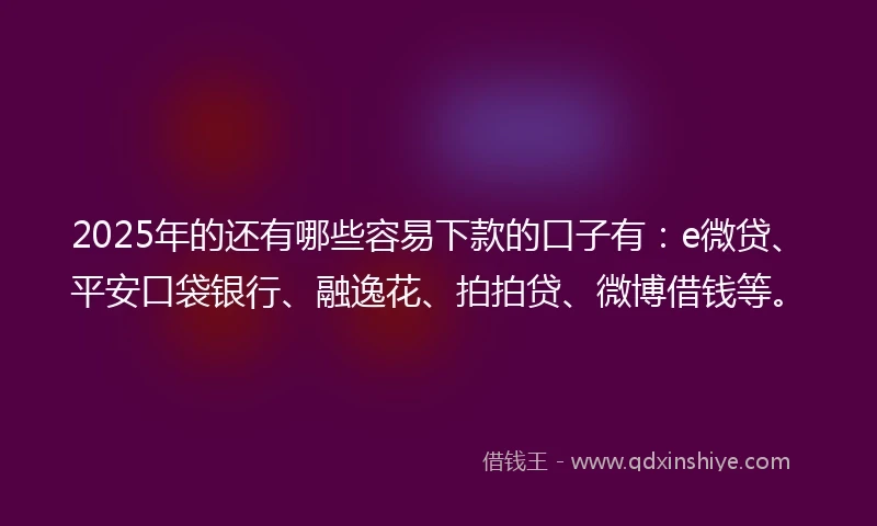 2025年的还有哪些容易下款的口子有：e微贷、平安口袋银行、融逸花、拍拍贷、微博借钱等。