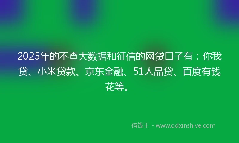 2025年的不查大数据和征信的网贷口子有：你我贷、小米贷款、京东金融、51人品贷、百度有钱花等。