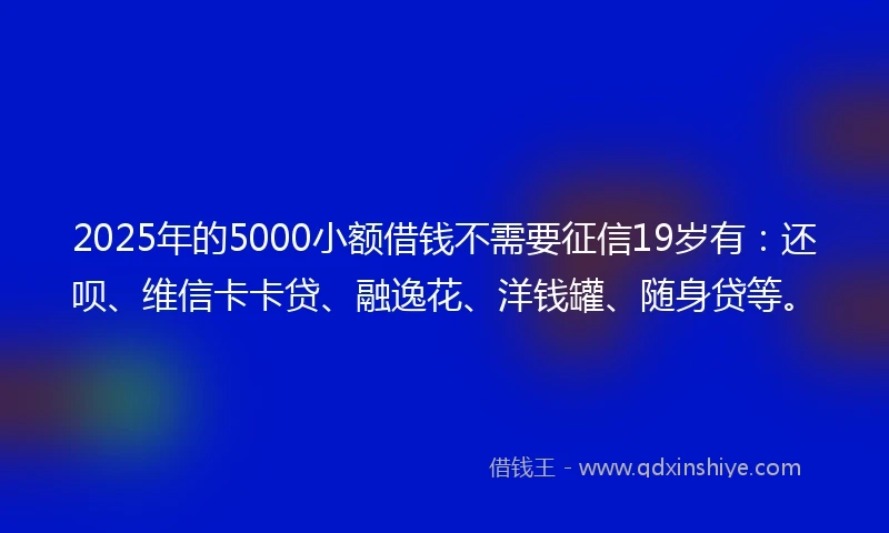 2025年的5000小额借钱不需要征信19岁有：还呗、维信卡卡贷、融逸花、洋钱罐、随身贷等。