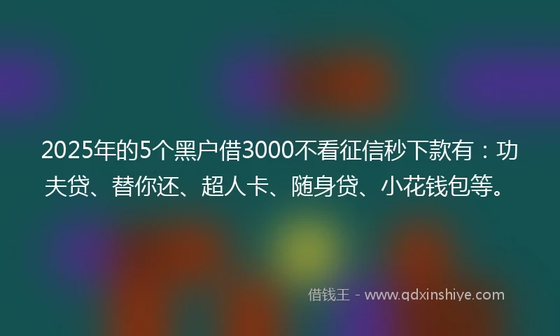 2025年的5个黑户借3000不看征信秒下款有：功夫贷、替你还、超人卡、随身贷、小花钱包等。