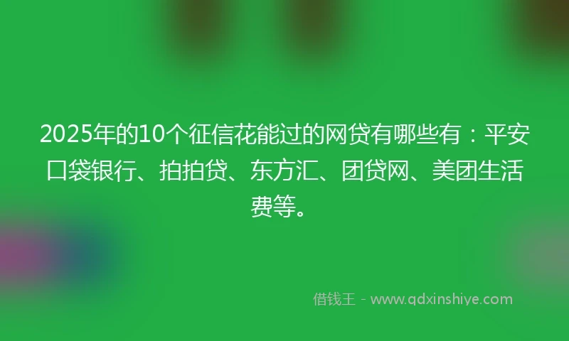 2025年的10个征信花能过的网贷有哪些有：平安口袋银行、拍拍贷、东方汇、团贷网、美团生活费等。