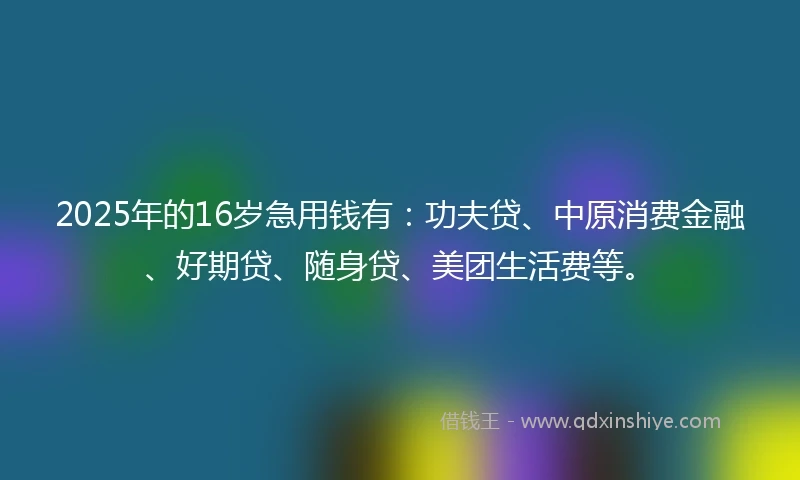 2025年的16岁急用钱有：功夫贷、中原消费金融、好期贷、随身贷、美团生活费等。