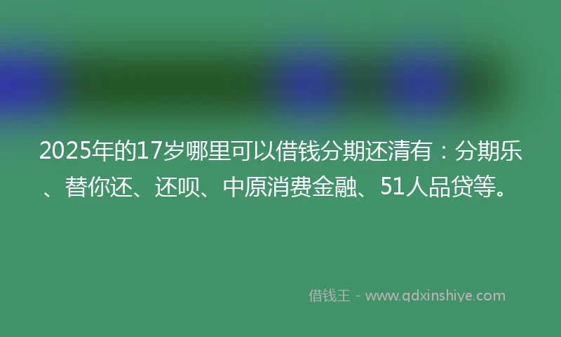 2025年的17岁哪里可以借钱分期还清有：分期乐、替你还、还呗、中原消费金融、51人品贷等。