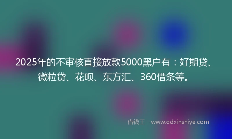 2025年的不审核直接放款5000黑户有：好期贷、微粒贷、花呗、东方汇、360借条等。