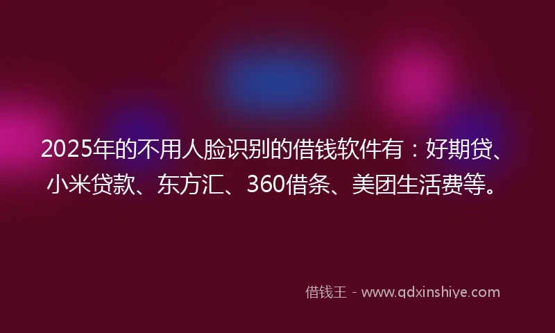 2025年的不用人脸识别的借钱软件有：好期贷、小米贷款、东方汇、360借条、美团生活费等。
