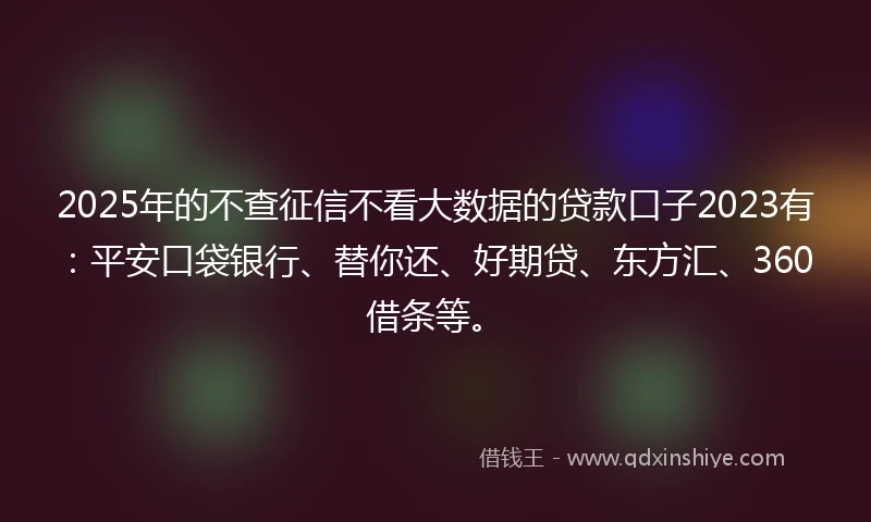 2025年的不查征信不看大数据的贷款口子2023有：平安口袋银行、替你还、好期贷、东方汇、360借条等。