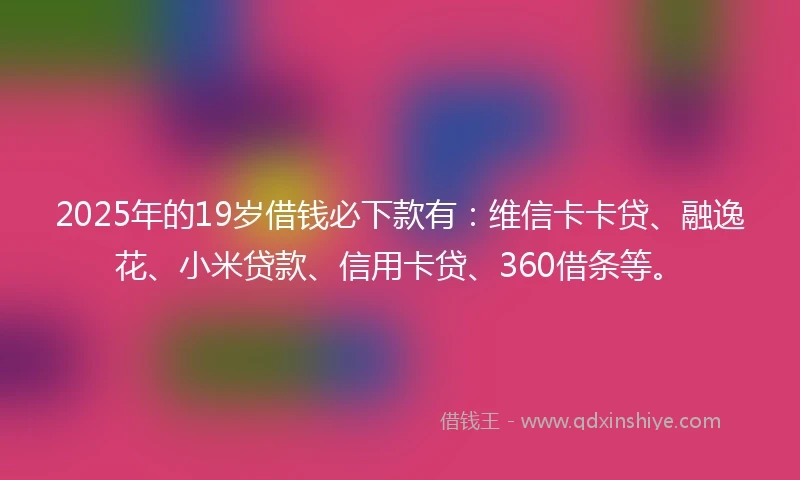 2025年的19岁借钱必下款有：维信卡卡贷、融逸花、小米贷款、信用卡贷、360借条等。