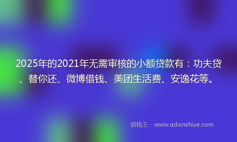 2025年的2021年无需审核的小额贷款有：功夫贷、替你还、微博借钱、美团生活费、安逸花等。