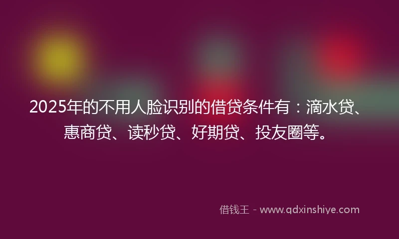 2025年的不用人脸识别的借贷条件有：滴水贷、惠商贷、读秒贷、好期贷、投友圈等。
