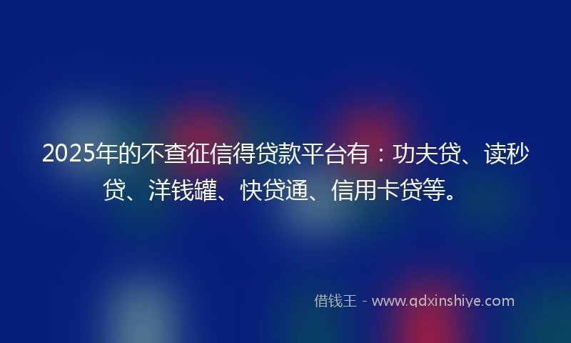 2025年的不查征信得贷款平台有：功夫贷、读秒贷、洋钱罐、快贷通、信用卡贷等。