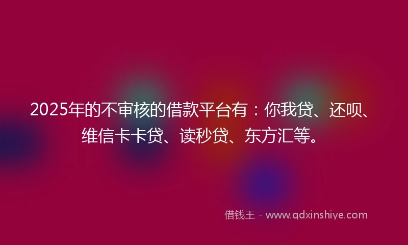 2025年的不审核的借款平台有：你我贷、还呗、维信卡卡贷、读秒贷、东方汇等。