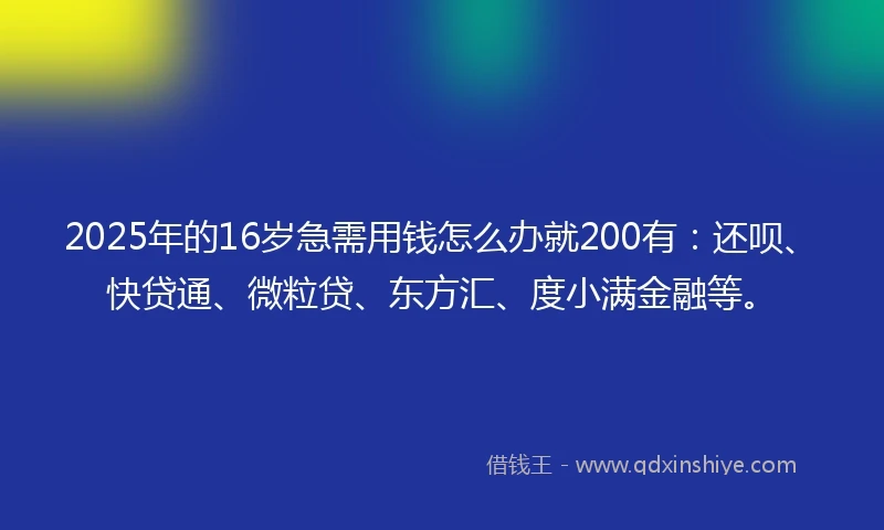 2025年的16岁急需用钱怎么办就200有：还呗、快贷通、微粒贷、东方汇、度小满金融等。