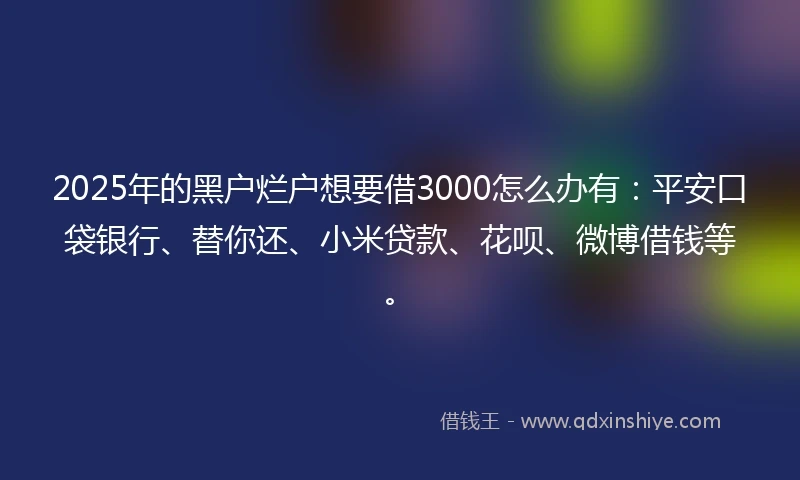 2025年的黑户烂户想要借3000怎么办有：平安口袋银行、替你还、小米贷款、花呗、微博借钱等。