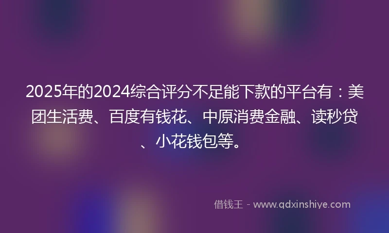2025年的2024综合评分不足能下款的平台有：美团生活费、百度有钱花、中原消费金融、读秒贷、小花钱包等。