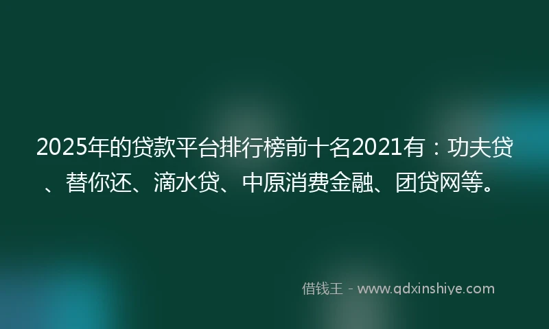 2025年的贷款平台排行榜前十名2021有：功夫贷、替你还、滴水贷、中原消费金融、团贷网等。
